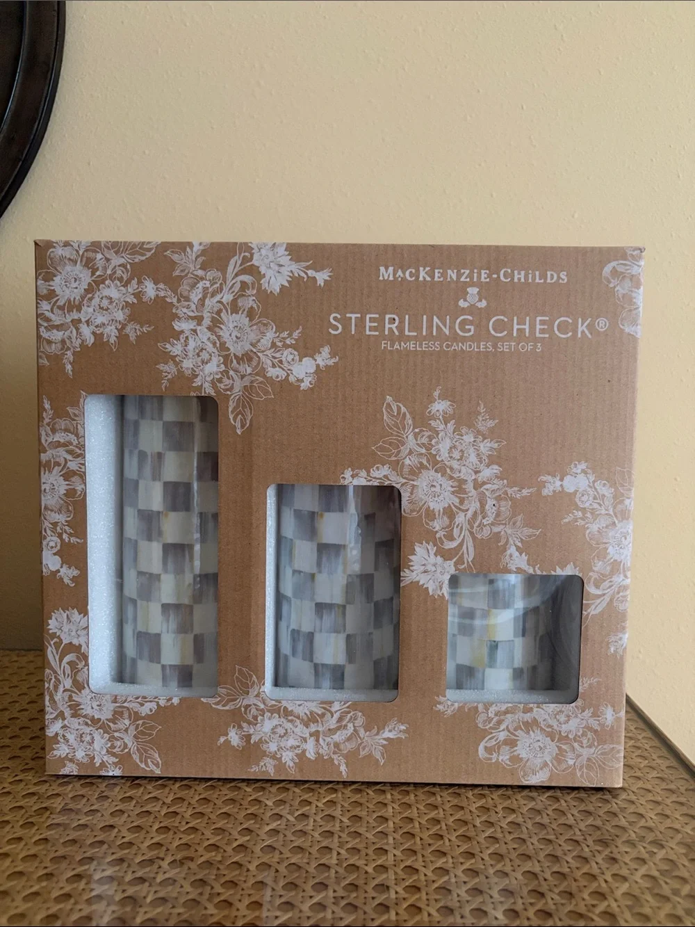 MacKenzie-Childs Sterling Check Flameless Candle Trio - Gray and Cream Mosaic